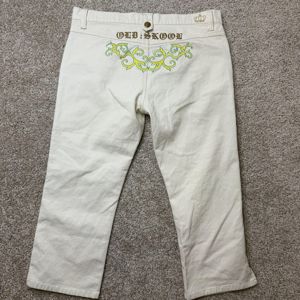 Y2K Old Skool Capri Jeans Womens 32W White Embroidered Rhinestone Studded Denim